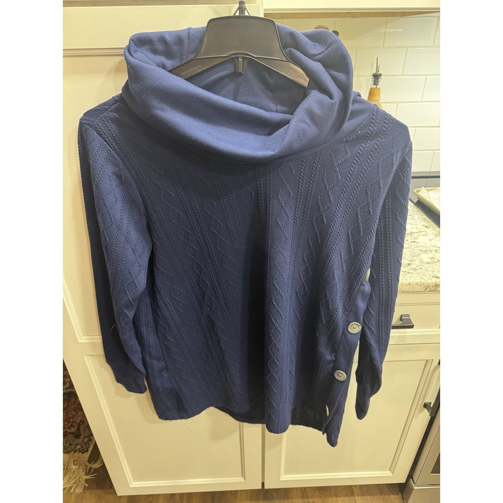 French Laundry Sweater Pullover Women L Blue Cowl Neck Cable Knit Sweater